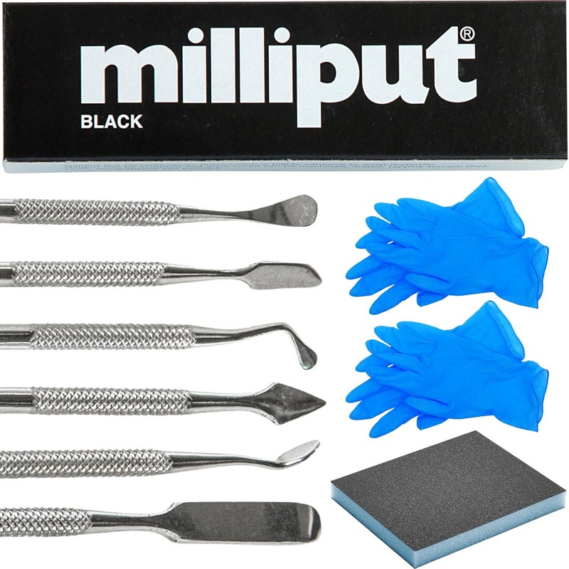 Creative Crafters Milliput Epoxy Putty 10 Piece Set, Black Version - with Sculpting Tools, Sanding Pad and Gloves - Air Dry Moldable Plastic Plumbers Clay - Ceramic Tile, Marble and Quartz Countertop Chip Repair Kit - Image 1